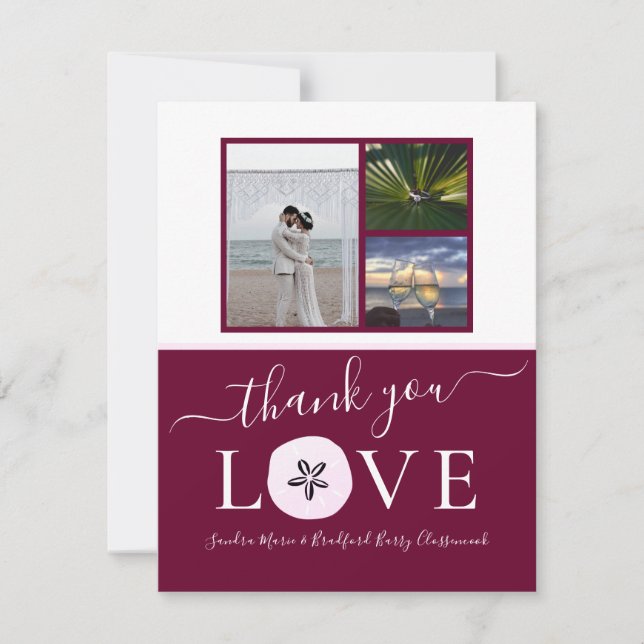 Cartão De Agradecimento 3 Foto Collage Burgundy Pink Sand USD Casamento (Frente)