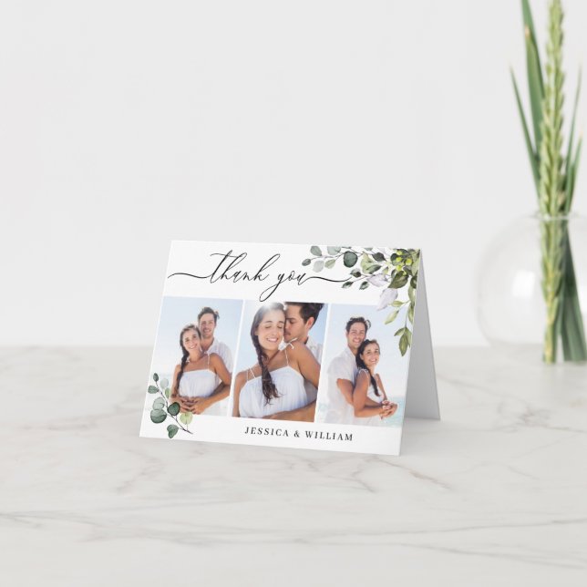 Cartão De Agradecimento 3 FOTO Elegante Eucalyptus Greenery Casamento (Frente)