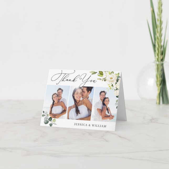Cartão De Agradecimento 3 FOTO Elegante Eucalyptus White Roses Floral (Frente)