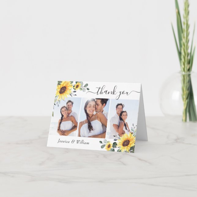 Cartão De Agradecimento 3 FOTO Girassóis Elegantes Eucalyptus Watercolor (Frente)
