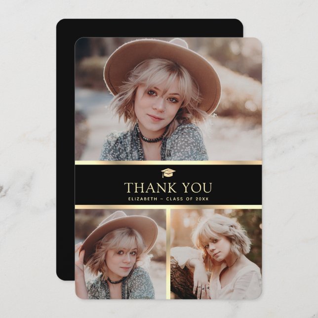 Cartão De Agradecimento 3 Graduação de Fotos Moderna Preta e Dourada (Frente/Verso)