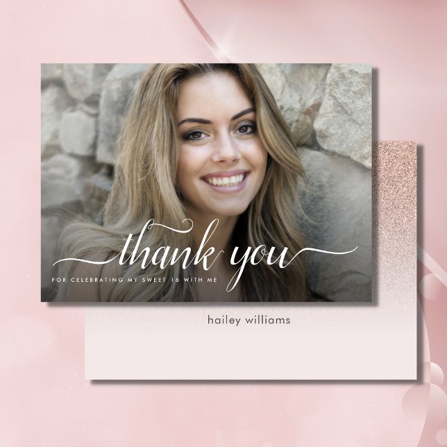 Cartão De Agradecimento 4 Photo Rose Gold Faux Glitter Pink Sweet 16 (Rose Gold Glitter Photo Thank You Card)