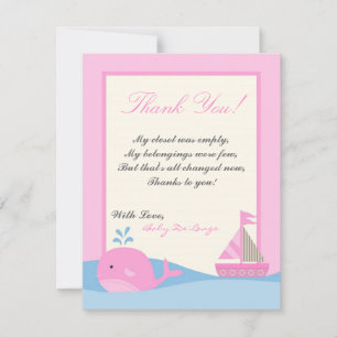 Cartão De Agradecimento 4x5 FLAT Pink Naut Sail Boat Whale