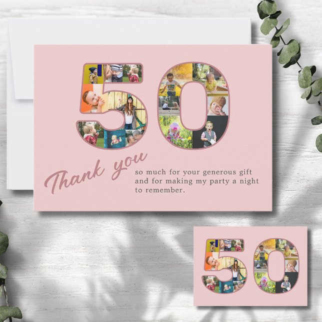 Cartão De Agradecimento 50º Aniversário - Colagem de Fotos Rosa Espelhada  (Blush dusty pink 50th birthday thank you card with photo collage.)