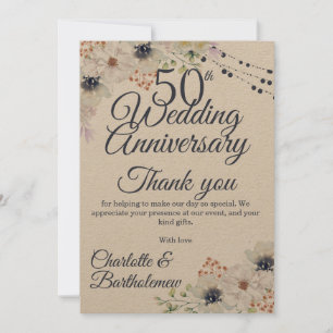 Cartão De Agradecimento 50º Aniversário de Casamento Rustic Floral Kraft