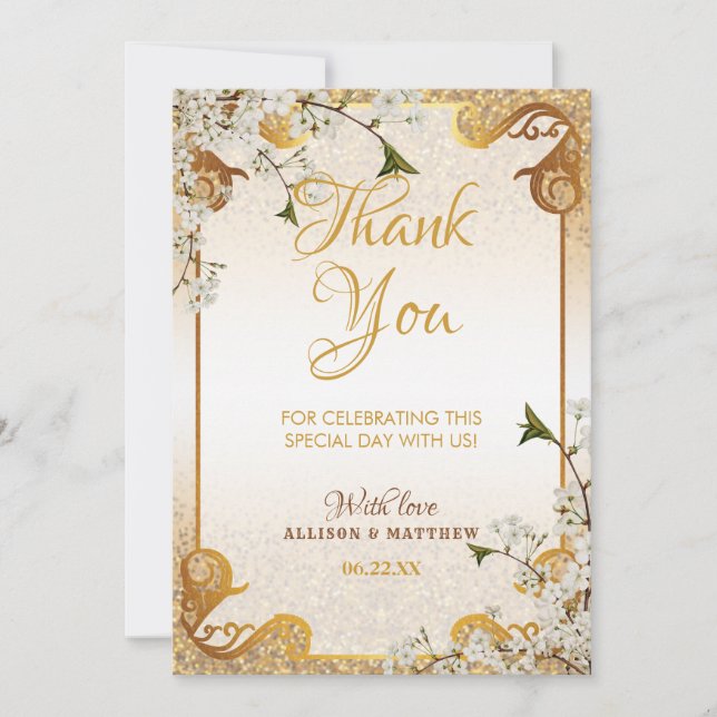 Cartão De Agradecimento 50º Quadro de Glitter Dourado Floral de Aniversári (Frente)