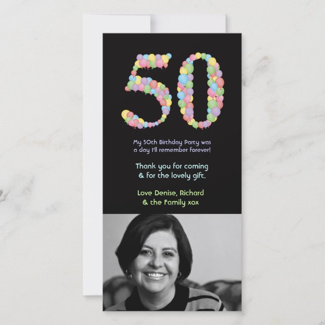 Cartão De Agradecimento 50th Obrigado dos balões do aniversário você (Frente)