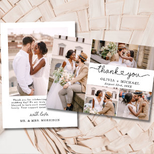 Cartão De Agradecimento 5 Foto Collage Elegant Script Wedding