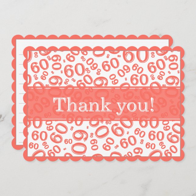Cartão De Agradecimento 60 "Thank you!" Coral/White Number Pattern (Frente/Verso)