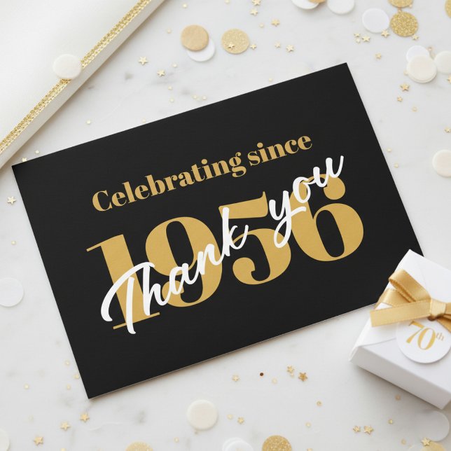 Cartão De Agradecimento 70th Birthday 1956 Retro Black And Gold (1956 thank you card. White and gold background)