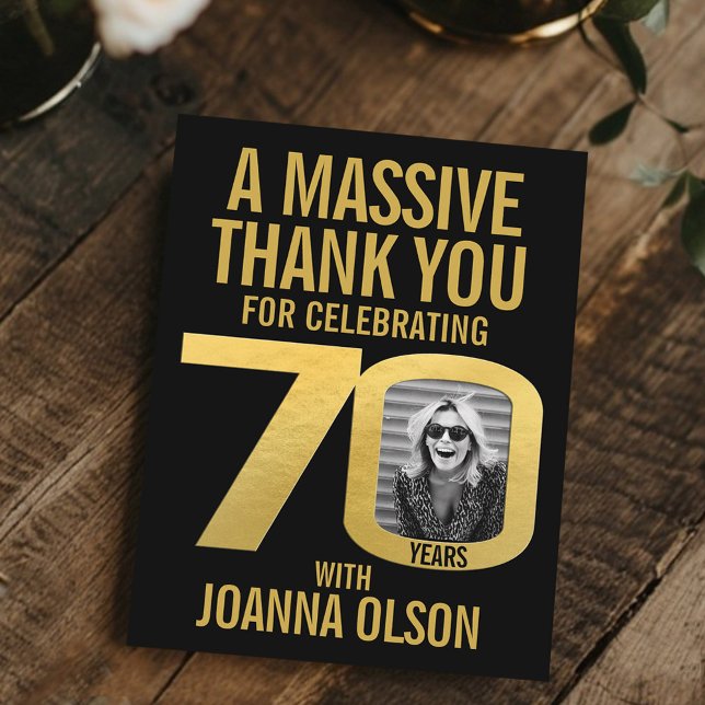 Cartão De Agradecimento 70th birthday photo black and gold  (Criador carregado)