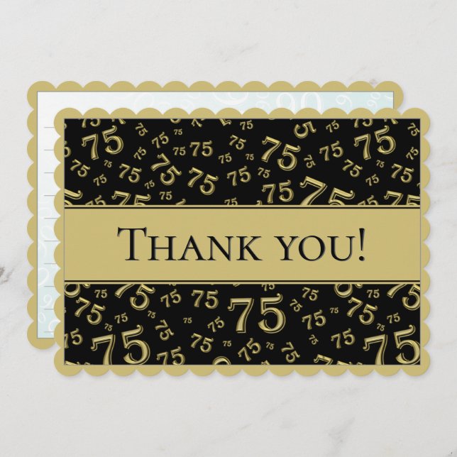 Cartão De Agradecimento 75 "Thank you!" Black/Gold Number Pattern (Frente/Verso)