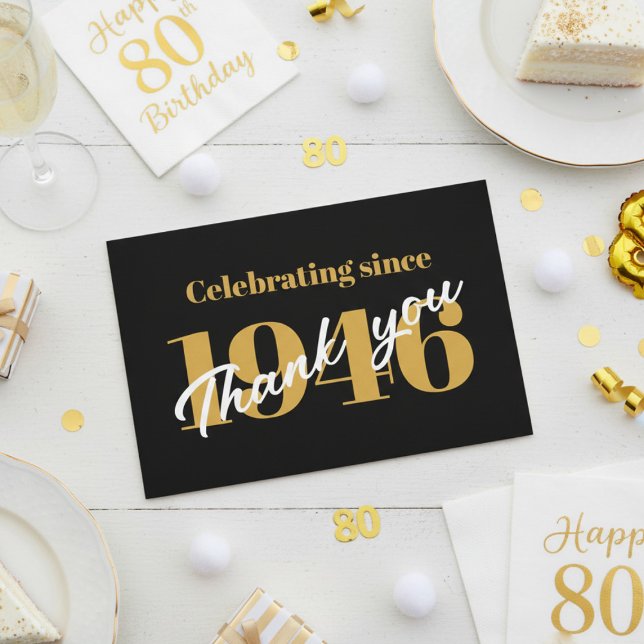 Cartão De Agradecimento 80th Birthday 1946 Retro Black And Gold (1946 than you card. White background.)