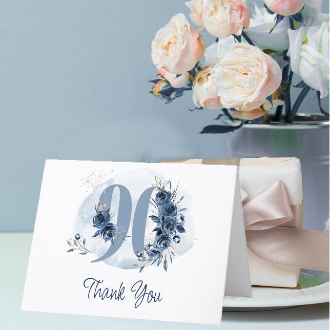 Cartão De Agradecimento 90 Birthday Floral Number Coastal Blue (90th Birthday Thank You card from my Floral Number Birthday Party Collection)