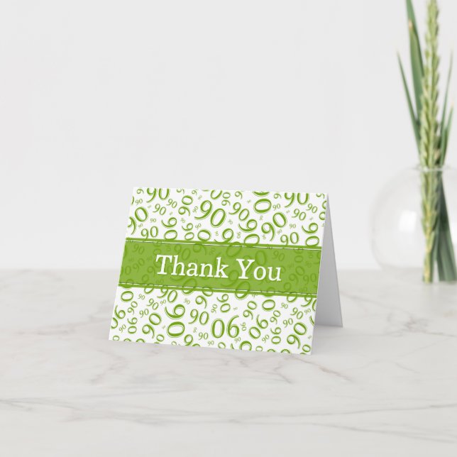 Cartão De Agradecimento 90th "Thank you!" Green/White Number Pattern (Frente)