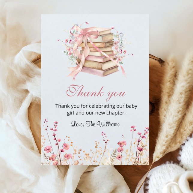 Cartão De Agradecimento A New Chapter Begins Coquette Books Baby Shower (A new chapter begins Pink Coquette bow baby shower Thank you card)
