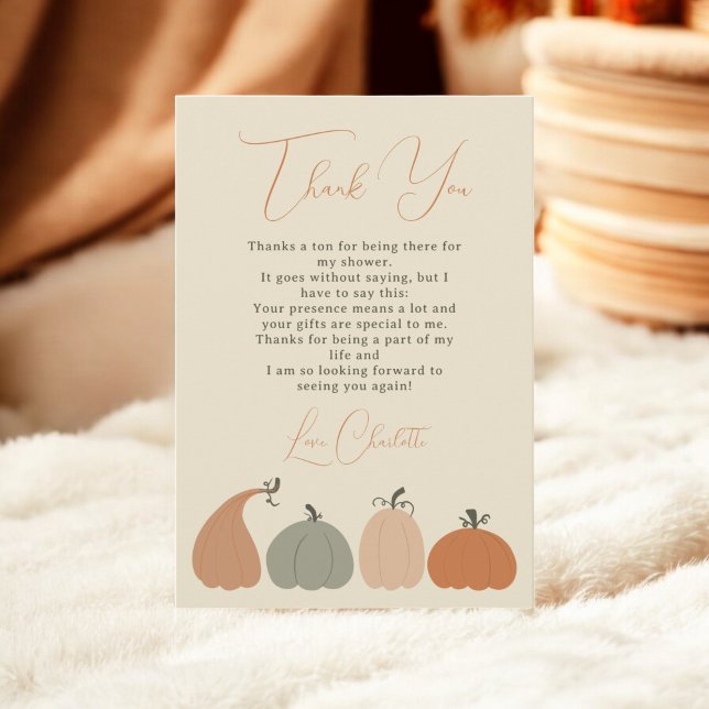 Cartão De Agradecimento Abóbora Rústica Neutra Muito Obrigado Chá de frald (Rustic Neutral Fall Pumpkin Thank You Baby Shower)