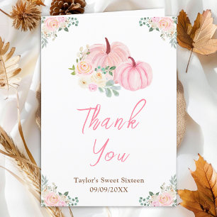 Cartão De Agradecimento Abóboras Rosa Floral Sweet Sixteen