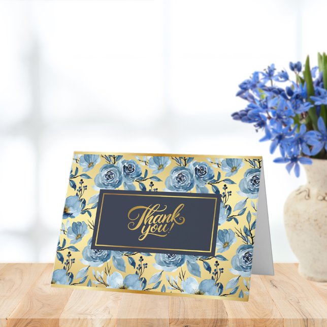 Cartão De Agradecimento Acróstico Elegante em Dourado Padrão de Rosa Azul  (Criador carregado)