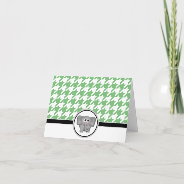 Cartão De Agradecimento Adorable Elephant custom Green Houndstooth Cards (Frente)