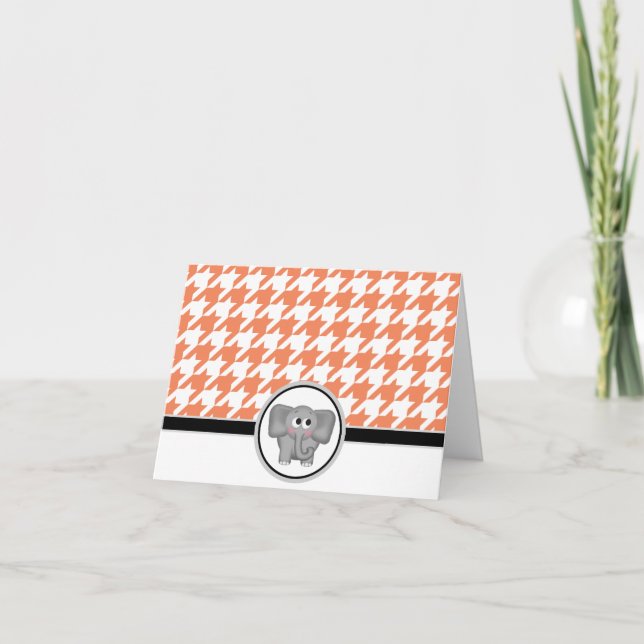 Cartão De Agradecimento Adorable Elephant custom Orange Houndstooth Cards (Frente)