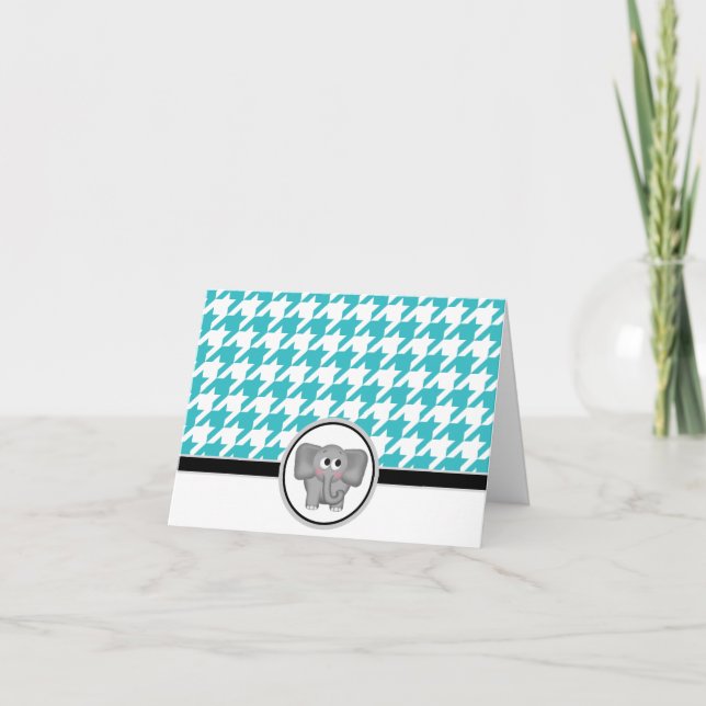 Cartão De Agradecimento Adorable Elephant Turquoise Houndstooth Cards (Frente)