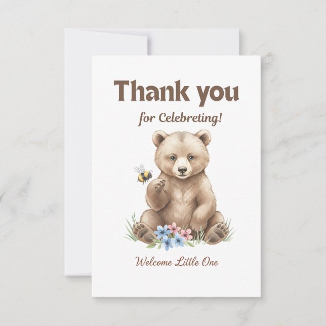 Cartão De Agradecimento Adorable,  grizzly bear cub  Baby Shower  (Frente)