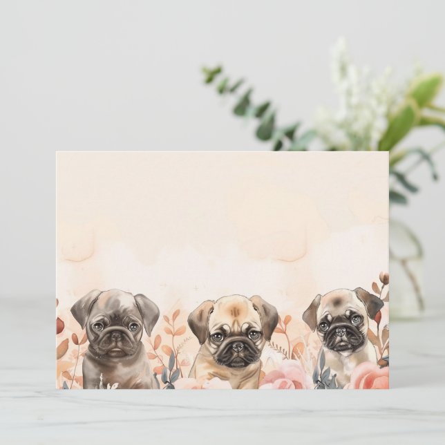 Cartão De Agradecimento Adoráveis Três Pugs De Aquarela (Em pé/Frente)