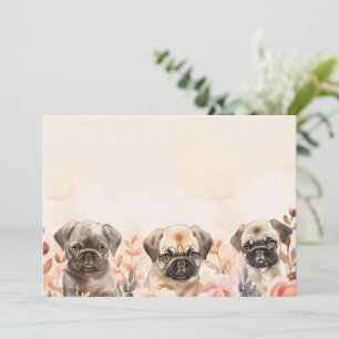 Cartão De Agradecimento Adoráveis Três Pugs De Aquarela