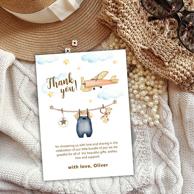 Cartão De Agradecimento Adventure Clothesline Airplane Sky Baby Shower (Adventure Clothesline Airplane Sky Baby Shower Thank You Card)