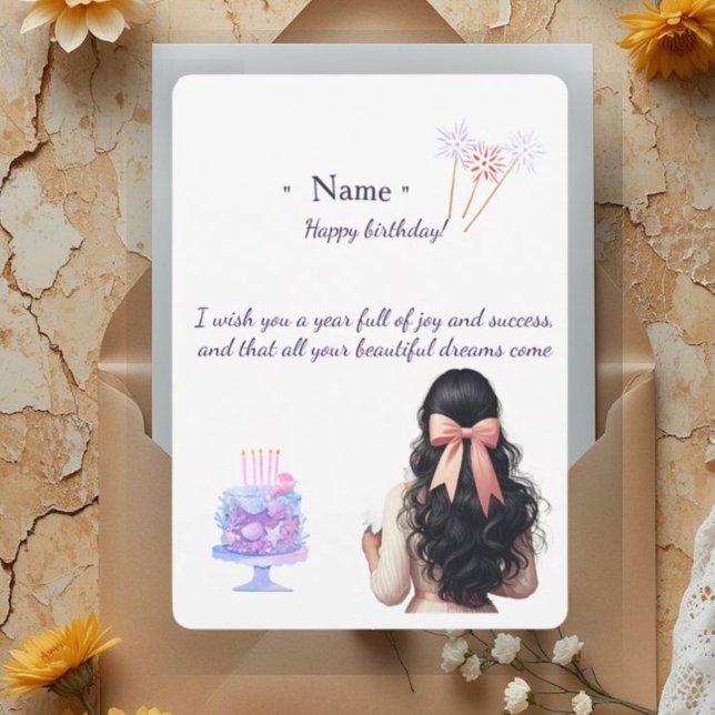 Cartão De Agradecimento Aesthetic Birthday Card for Her | Dark Hair Girl & (Criador carregado)