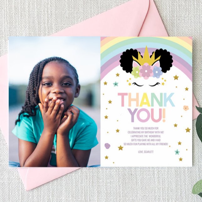 Cartão De Agradecimento Afro Puff Unicorn e Rainbows Festa de aniversário (Criador carregado)