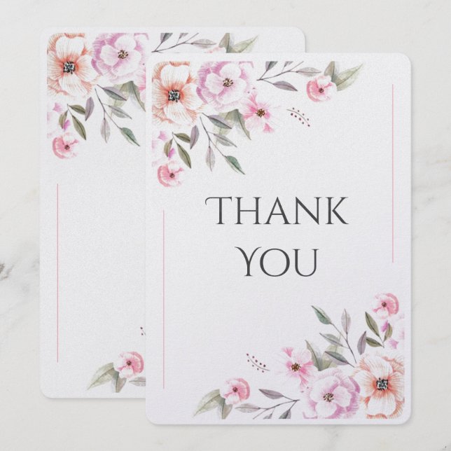 Cartão De Agradecimento Água-forte floral rosa moderno (Frente/Verso)