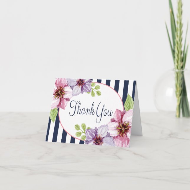 Cartão De Agradecimento Água-forte Floral Roxa Obrigado Listras Azuis (Frente)
