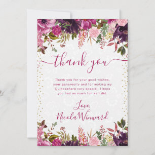 Cartão De Agradecimento Água-forte Flores Rosa e Roxo Quinceanera