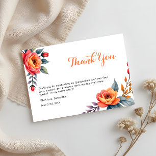 Cartão De Agradecimento Água-forte Laranja Floral Quinceanera 15 Anos de I