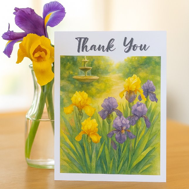 Cartão De Agradecimento Água-forte Roxo & Amarelo Irises Festa de Aniversá (Watercolor yellow and purple irises / Garden image thank you card for her )