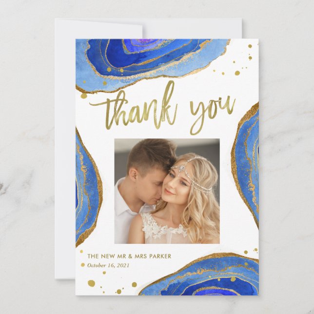 Cartão De Agradecimento Aguarela Geode azul com a foto Wedding do ouro | (Frente)