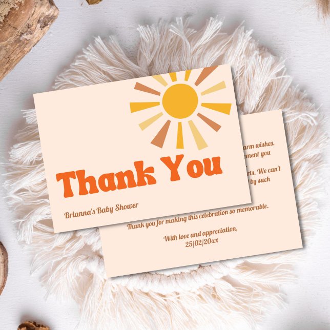 Cartão De Agradecimento Aí vem o filho, chá de fraldas retrógrado (Here comes the son groovy retro vibes baby shower thank you card )