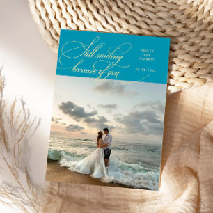 Cartão De Agradecimento Ainda Sorriso Foto de Casamento Elegante Aqua Azul