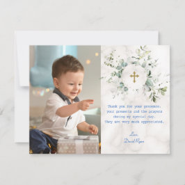 Cartão De Agradecimento Airy Greenery Marble Photo Boy Dourado Baptism