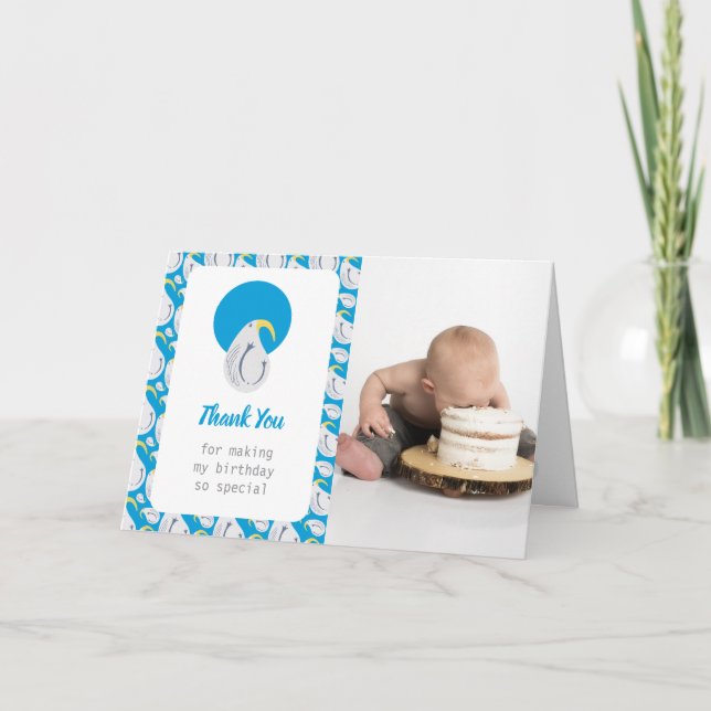 Cartão De Agradecimento Albatroz Azul e Branco Festa de Aniversário (Frente)