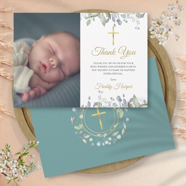Cartão De Agradecimento Álbum de Batismo Floral em Aquarela, Foto de Batis (Watercolor Floral Baptism, Christening Photo Thank You Card)