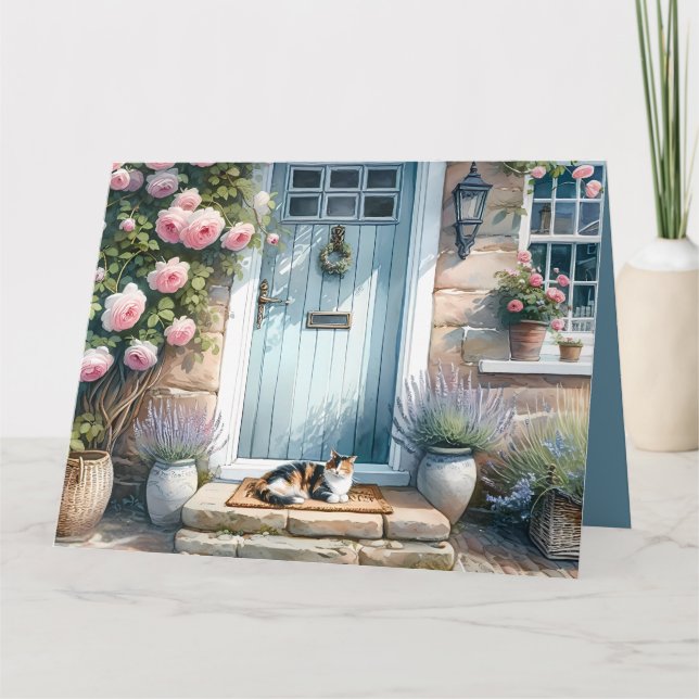 Cartão De Agradecimento Algodão Floral com Calico Cat (Frente)