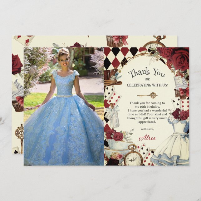 Cartão De Agradecimento Alice in Wonderland Floral Sweet 16 Bridal Photo (Frente/Verso)