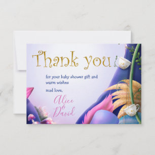 Cartão De Agradecimento Alice no País das Maravilhas, brilho de ouro, chá 