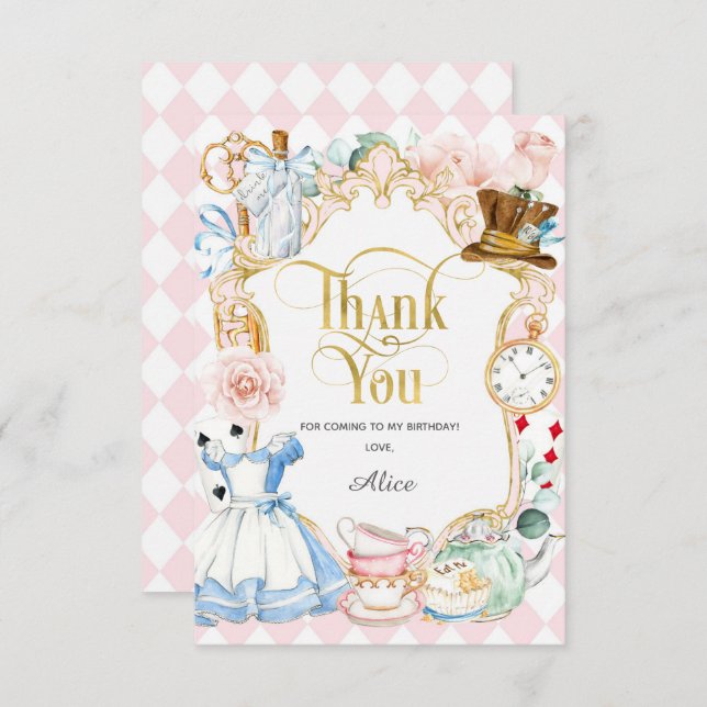 Cartão De Agradecimento Alice tea party maravilderland, obrigado de aniver (Frente/Verso)