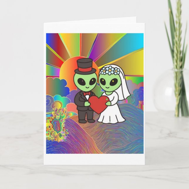 Cartão De Agradecimento Alien Bride and Groom Wedding Retro Neon  (Frente)