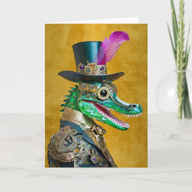 Cartão De Agradecimento Alligator Animal do Partido Steampunk do Mardi Gra (Frente)