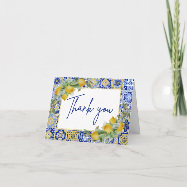 Cartão De Agradecimento Amalfi - Azulejo Azul Italiano Citrus Lemon Script (Frente)